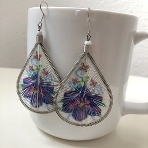 Woven Oval Shapes Earrings with Floral Print